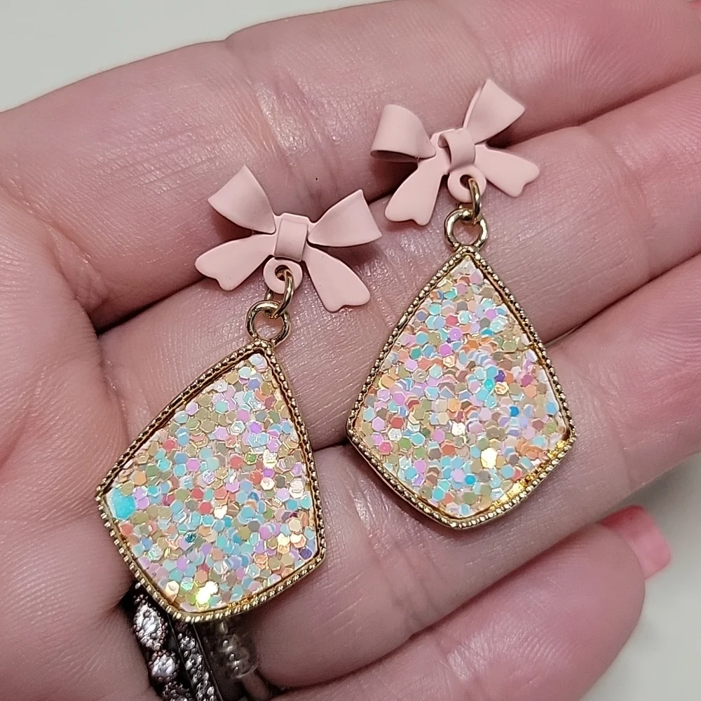 Confetti Shimmer Bow Drop Earrings, S925 - Picture 7 of 7